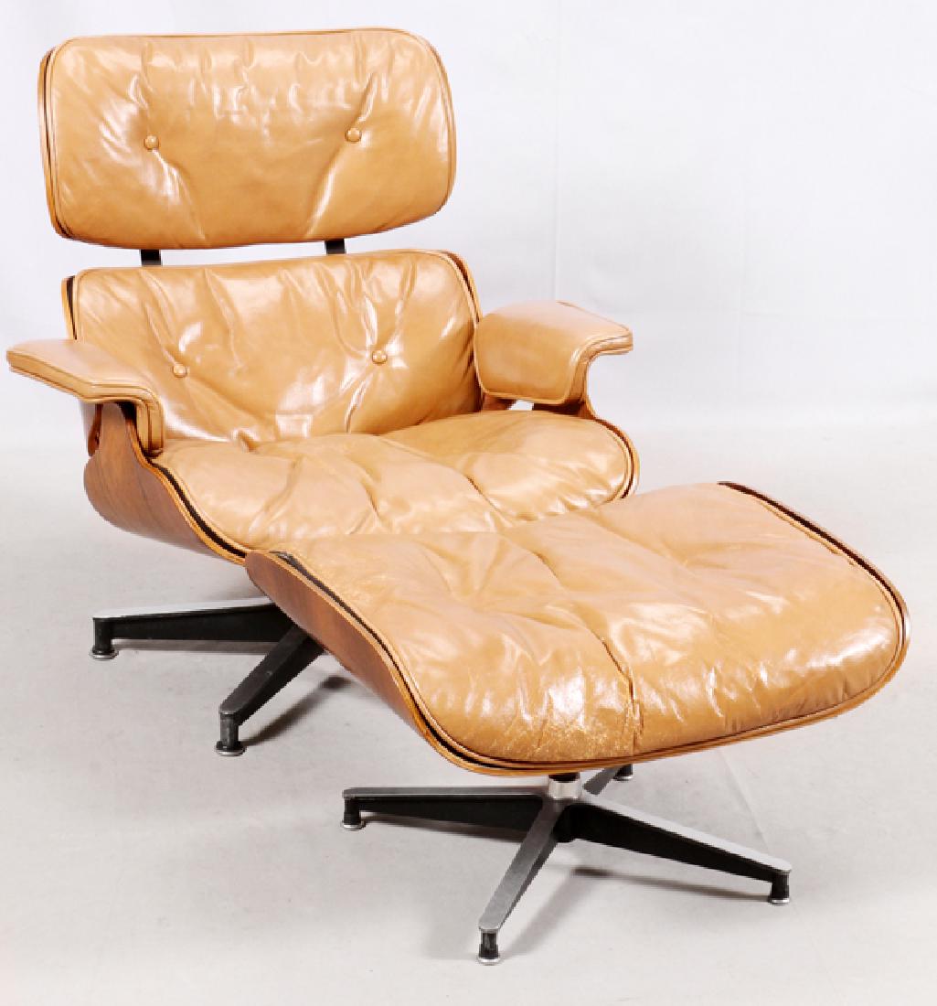 CHARLES EAMES FOR HERMAN MILLER CHAIR & OTTOMAN: CHARLES EAMES FOR HERMAN MILLER CHAIR & OTTOMAN, 2 PCS, H 32", W 32", D 30" :Charles Eames design for Herman Miller Co. chair and ottoman. Label on underside: "Designed by Charles Eames Herman Miller