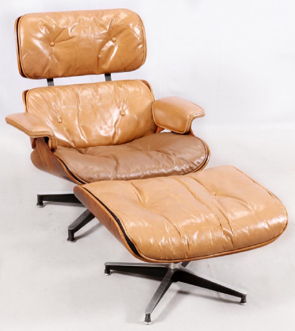 CHARLES EAMES FOR HERMAN MILLER CHAIR & OTTOMAN: CHARLES EAMES FOR HERMAN MILLER CHAIR & OTTOMAN, 2 PCS, H 32", W 32", D 30" :Charles Eames design for Herman Miller Co. chair and ottoman. Label on the underside: "Designed by Charles Eames Herman Mil