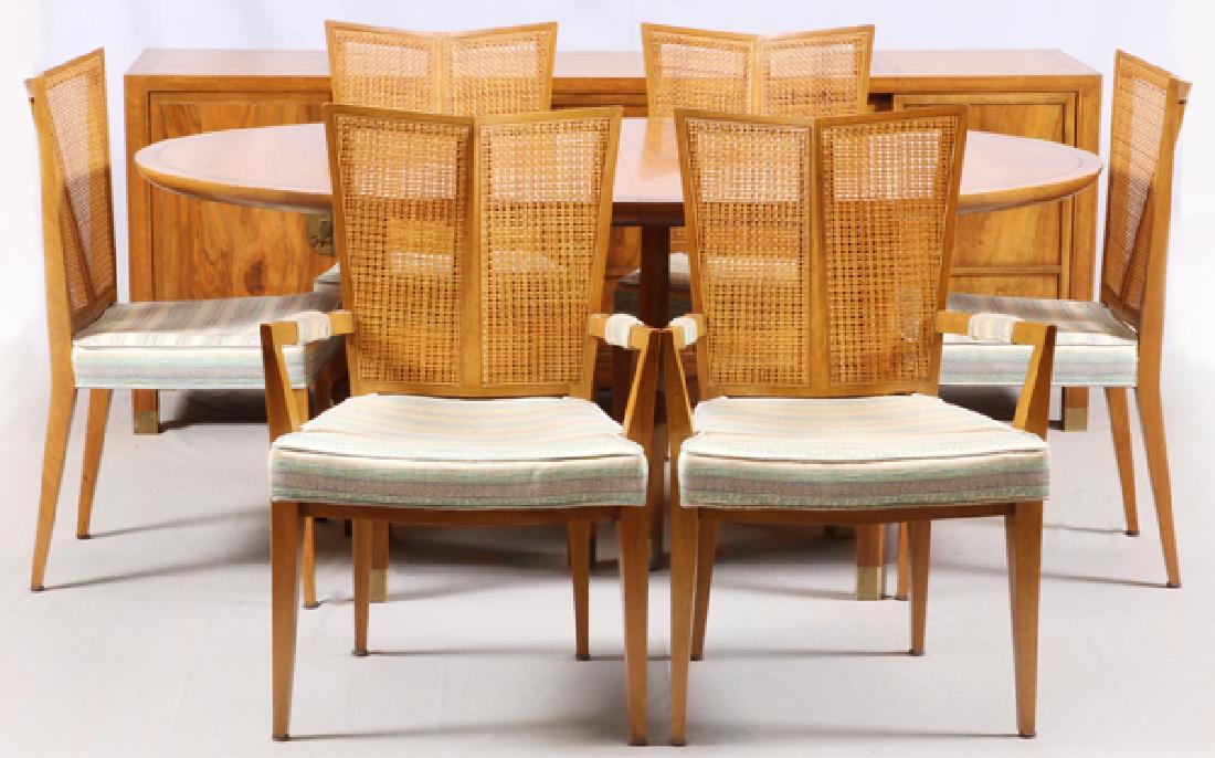 BAKER DINING TABLE SIX CHAIRS AND BUFFET: BAKER DINING TABLE, TWO LEAVES, SIX CHAIRS AND BUFFET 10 PCS :Includes: table, H 29 x L 43"; 2 arm chairs, 4 side chairs, buffet, H 30" x L 80" x D 19". Chairs have upholstered seats and cane backs. A