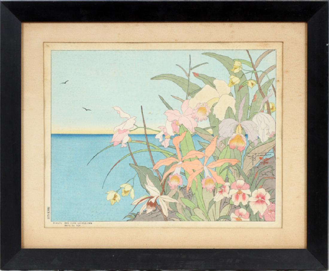 PAUL JACOULET WOODBLOCK PRINT ON PAPER: PAUL JACOULET (FRENCH 1896 - 1960) WOODBLOCK PRINT ON PAPER, H 12", W 15" :Depicts an ocean scene with wild flowers in the foreground. French inscription lower left: "Fleurs des lies Lointaines Mera d