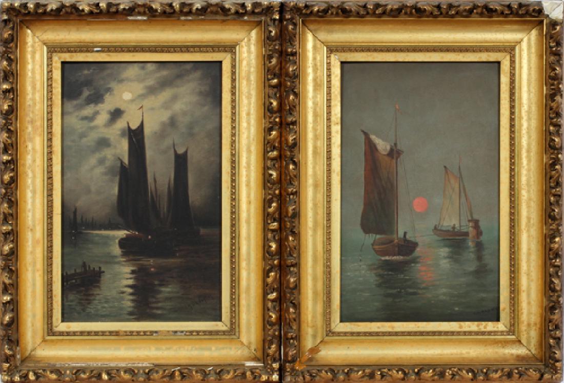 JULIUS BAUMER OILS ON BOARD, PAIR, H 16", W 10": JULIUS BAUMER (GERMAN/AMERICAN 1847-1917), OILS ON BOARD, PAIR, H 16", W 10" :Both depict sailboats one under moonlight and the other at sunset. Gilt wood and gesso frame. Framed size H 22", W 16".