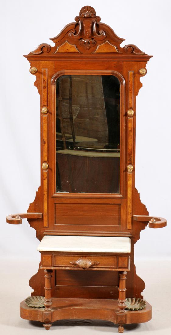 AMERICAN EASTLAKE CARVED WALNUT & MARBLE HALL TREE