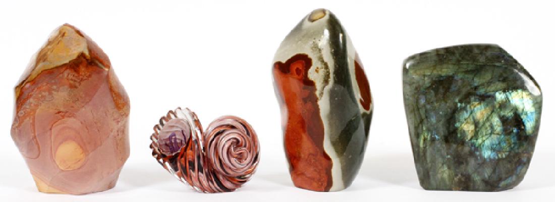 STONE & GLASS PAPERWEIGHTS, FOUR, H 4"-5 1/2": STONE & GLASS PAPERWEIGHTS, FOUR, H 4"-5 1/2" :Three stone paperweights (one is labradorite), and one blown glass paper weight (illegibly signed).