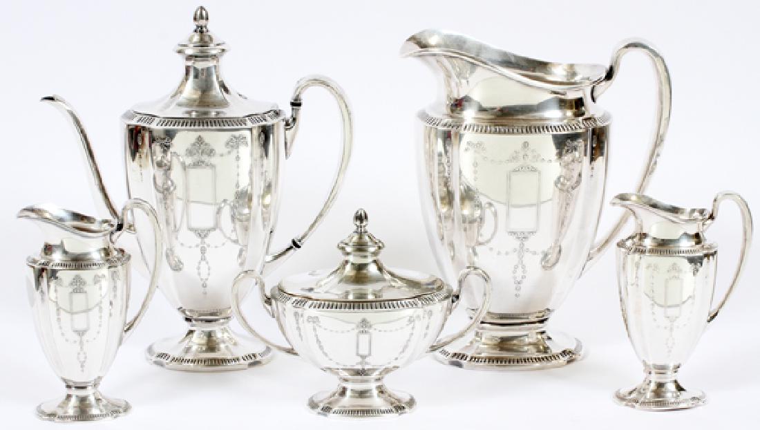 COMMUNITY PLATE SILVER PLATE COFFEE SET, C1940: COMMUNITY PLATE, SILVER PLATE COFFEE SET, C1940, 5 PCS. :'Community Plate', 'Hepplewhite' design, silver plate coffee set including: one Coffee pot, 11" H; one water pitcher, 10" H; two creamers, one 