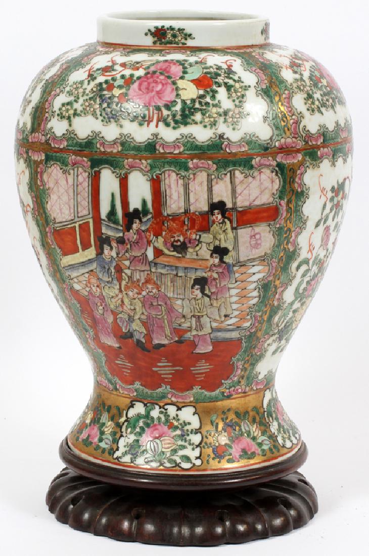 CHINESE ROSE MEDALLION GINGER JAR, H 13 1/4": CHINESE ROSE MEDALLION GINGER JAR, H 13 1/4" :HAND PAINTED. PLUS WOOD STAND.