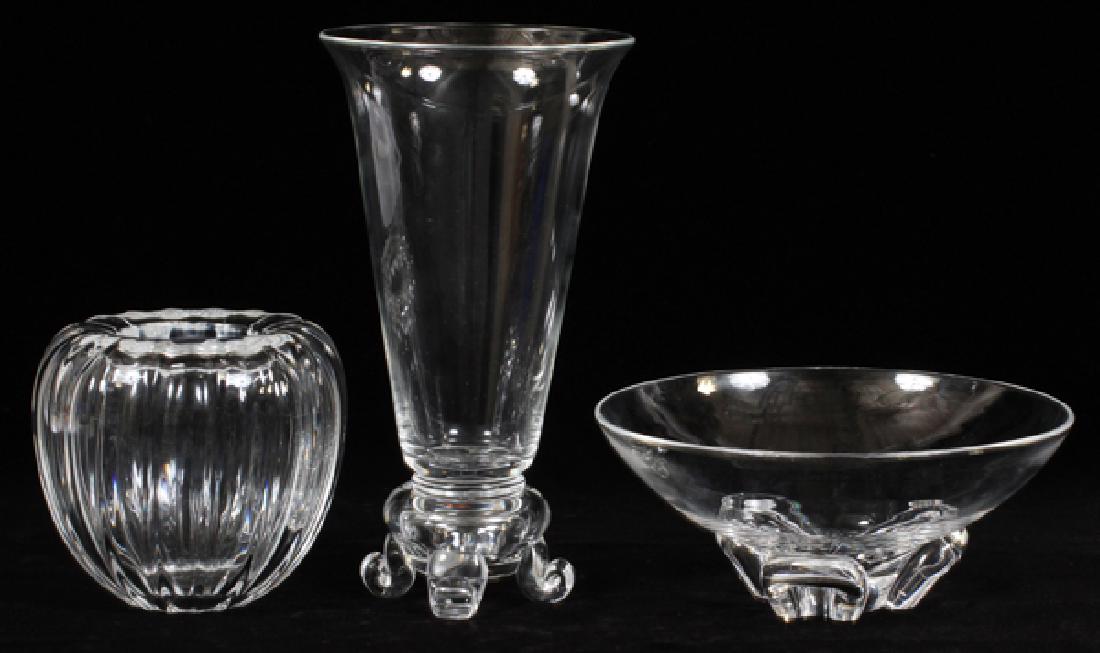 STEUBEN GLASS VASES, THREE, H 3 1/4"-9 1/2" (1 of 2)