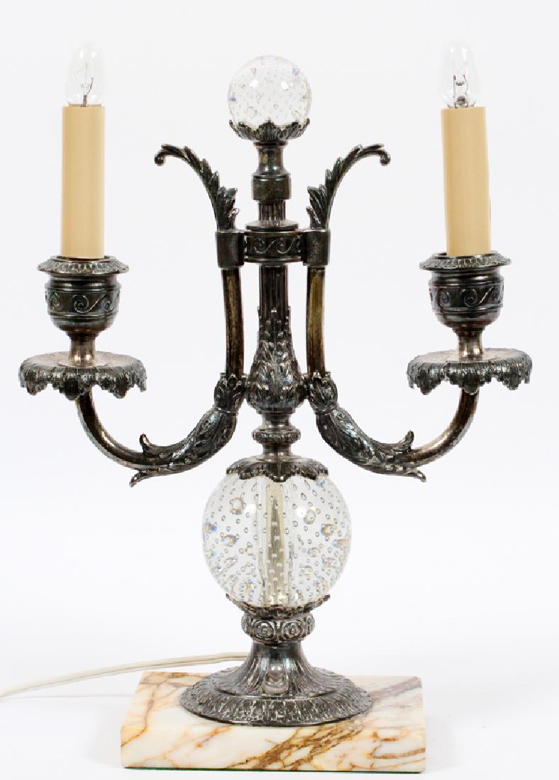 PAIRPOINT GLASS MARBLE & SILVERED METAL CANDELABRA: PAIRPOINT GLASS,MARBLE AND SILVERED METAL CANDELABRA, H 14 1/4", L 10 1/2" :Mounted on marble. Electrified.