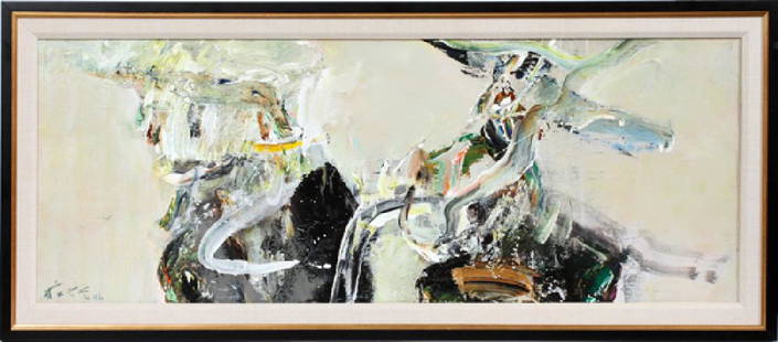 CHUANG CHE OIL ON CANVAS, 1996 "ABSTRACTION-96-C": CHUANG CHE, (CHINESE-AMERICAN B.1934) OIL ON CANVAS, 1996 H 18", W 48" "ABSTRACTION-96-C" :Signed and dated lower left. Has David Barnett Gallery label on verso. Framed.