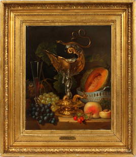 GEORGIUS JACOBUS JOHANNES VAN OS OIL ON CANVAS: GEORGIUS JACOBUS JOHANNES VAN OS (DUTCH, 1782-1861), OIL ON CANVAS, H 22 1/2", W 18 1/2", FRUIT STILL LIFE :SIGNED LOWER LEFT; GILT MODIFIED FRAME; REMNANTS OF A LABEL ON VERSO..