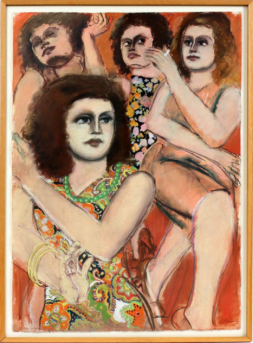 LESTER F. JOHNSON MIXED MEDIA ON PAPER, 1978: LESTER F. JOHNSON (AMERICAN, 1919â€“2010), MIXED MEDIA ON PAPER, 1978, IMAGE & PAPER: H 41", W 30", "STREET SCENE #2, 4 WOMEN" :Pastel, acrylic and ink on paper; signed lower right; floated in th