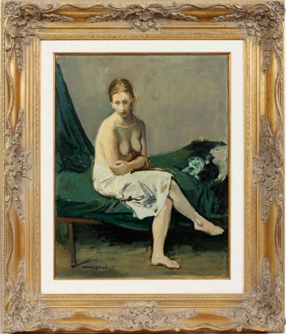RAPHAEL SOYER OIL ON CANVAS, C. 1961, H 27", W 21": RAPHAEL SOYER (AMERICAN, 1899-1987), OIL ON CANVAS, C. 1961, H 27", W 21":Semi-nude seated female, covered from waist down by white drape; signed lower right; framed. Garelick's Gallery label on verso