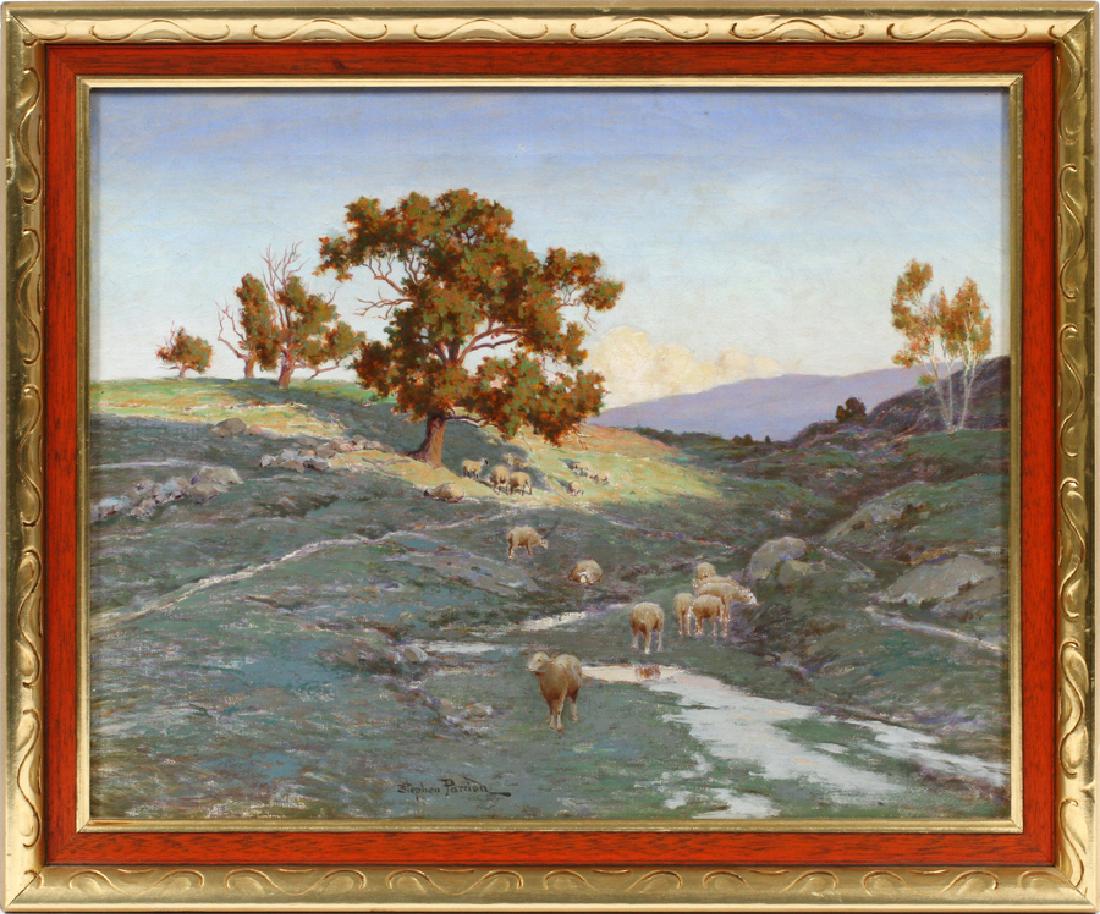 STEPHEN PARRISH OIL ON CANVAS, C1900: STEPHEN PARRISH (AMERICAN 1846-1938), OIL ON CANVAS, C1900, H 16", W 20", (PAINTING), LANDSCAPE WITH SHEEP:Depicts sheep grazing on a rock strewn landscape with scattered trees. Signed bottom center.