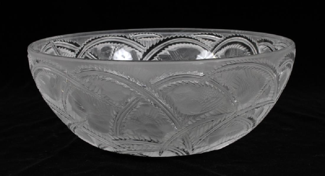 LALIQUE FRANCE SPARROW PATTERN CRYSTAL: LALIQUE FRANCE, SPARROW PATTERN, CRYSTAL 'PINSONS BOWL', H 3", DIA 9 1/4" Lalique crystal 'Pinsons bowl. Having a sparrow pattern of deep cut designs and signed on the underside: "Lalique, France" in