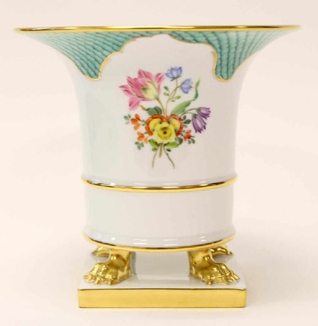 HEREND EMPIRE STYLE FOOTED PORCELAIN VASE: HEREND, HAND PAINTED, EMPIRE STYLE, FOOTED, PORCELAIN VASE, HM 6401-0-001/TF, SIGNED, H 7 1/2", W 4 1/2", DIA 8" Herend, gilt footed vase, hand decorated with floral designs on a white ground, fired g