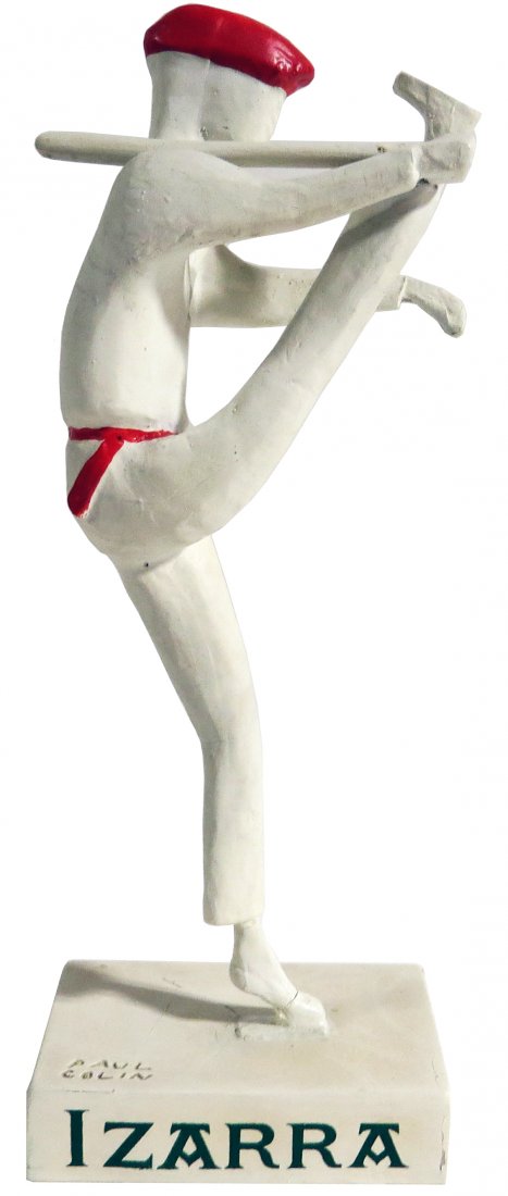 PAUL COLIN ART DECO PLASTER SCULPTURE, C. 1930: PAUL COLIN (FRENCH, 1892-1985), ART DECO, PLASTER SCULPTURE, C. 1930, H 12" White plaster sculpture of an athlete doing a straight leg kick and holding a staff. Painted red beret and belt. Rectangular