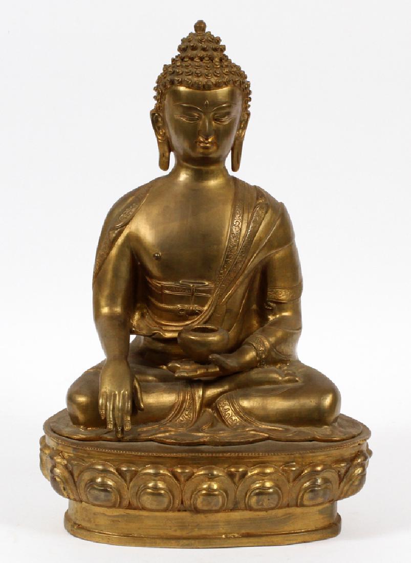 BRASS SEATED BUDDHA, H 15 3/4'', W 10'': BRASS SEATED BUDDHA, H 15 3/4'', W 10'' Seated on lotus plinth and holding incense jar.Circa 1900.