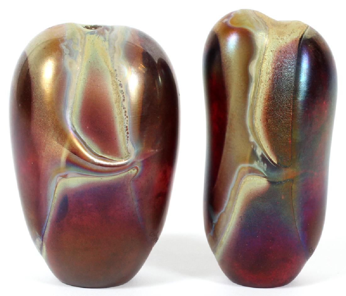 ROBERT COLEMAN IRIDESCENT ART GLASS VASES, 1985: ROBERT COLEMAN IRIDESCENT ART GLASS VASES, 1985, TWO, H 3 3/4"-4"Etched signature reads 'Coleman 1985 c9 or ca'.