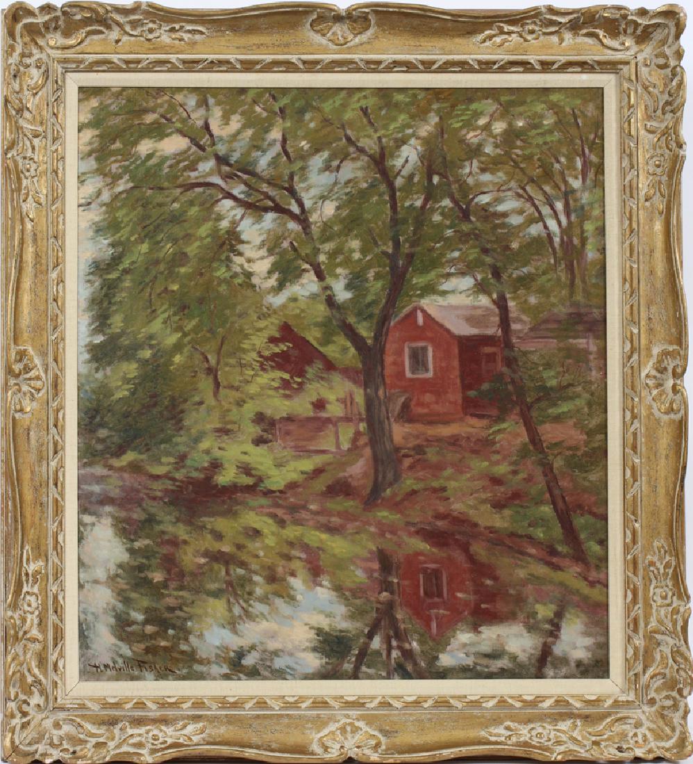 HUGO MELVILLE FISHER OIL ON CANVAS: HUGO MELVILLE FISHER, OIL ON CANVAS, H 29" W 26", "RED HOUSE BY RIVER" Framed.