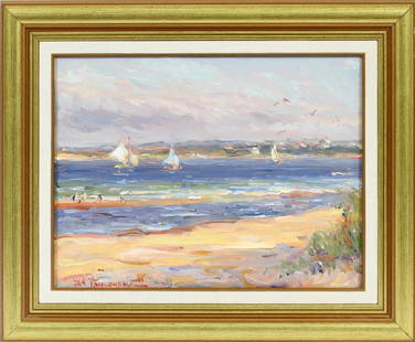 JAN PAWLOWSKI OIL ON CANVAS LAKE CHARLEVOIX: JAN PAWLOWSKI (POLISH/AMERICAN, B 1949), OIL ON CANVAS, H 12", W 16", LAKE CHARLEVOIX Depicting sailboats on a lake with seagulls. Signed lower left. Framed.