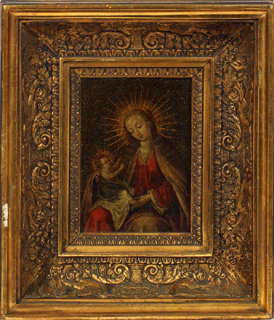 EUROPEAN ANTIQUE OIL ON COPPER MADONNA AND CHILD: EUROPEAN ANTIQUE OIL ON COPPER, H 5 1/4" W 3 3/4" MADONNA AND CHILD Wood and gesso frame.