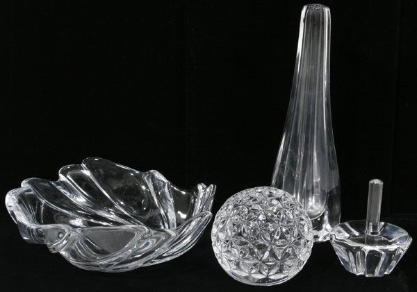 ORREFORS & WATERFORD CRYSTAL GROUPING, FOUR: ORREFORS & WATERFORD CRYSTAL GROUPING, FOUR ITEMS, H 3"-8 1/4", D 3 1/4"-6 1/2":Including 1 Orrefors bud vase H 8 1/4", 1 ring stand H 3", 1 Waterford paperweight Dia. 3 1/4" and 1 unmarked bowl Dia.
