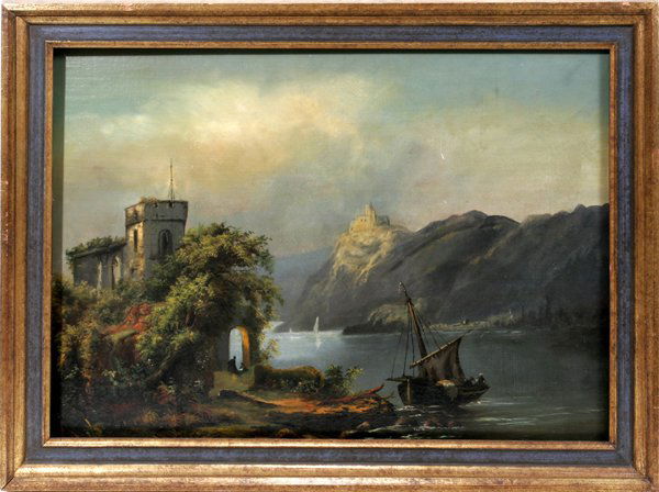 ROBERT KRAUSE OIL ON CANVAS, LANDSCAPE: ROBERT KRAUSE (GERMAN 1834-1903), OIL ON CANVAS MOUNTED TO BOARD, 1876, 16 1/2" X 22 1/2", LANDSCAPE:Signed and dated lower left, "R. Krause, Nov. 1876". Depicts a figural landscape with a single-mast