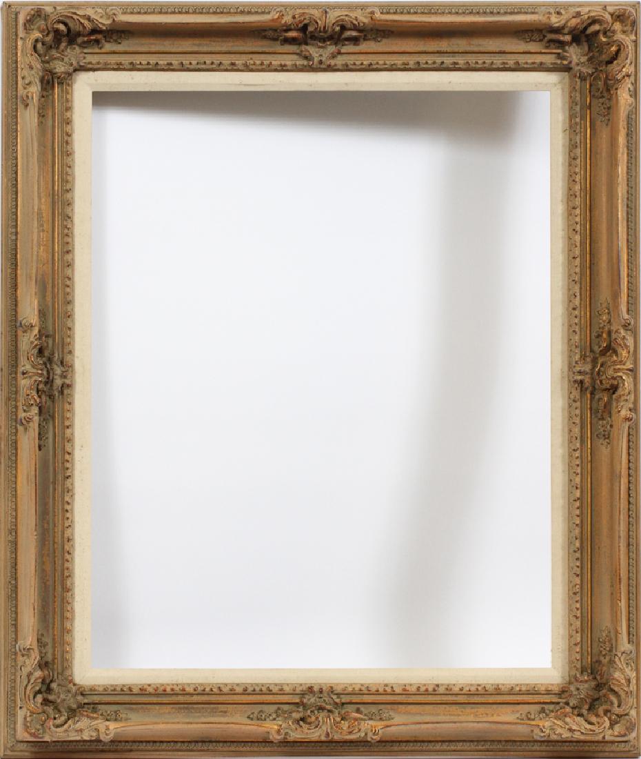 MADE IN MEXICO QUALITY CARVED GILT WOOD FRAME: MADE IN MEXICO, QUALITY, CARVED GILT WOOD FRAME, H 23 1/4", W 29" :Having ornate decorations in each corner and along the sides. Image opening 23 1/4" x 29". Overall size, 32 1/2" x 39". stamped on ve