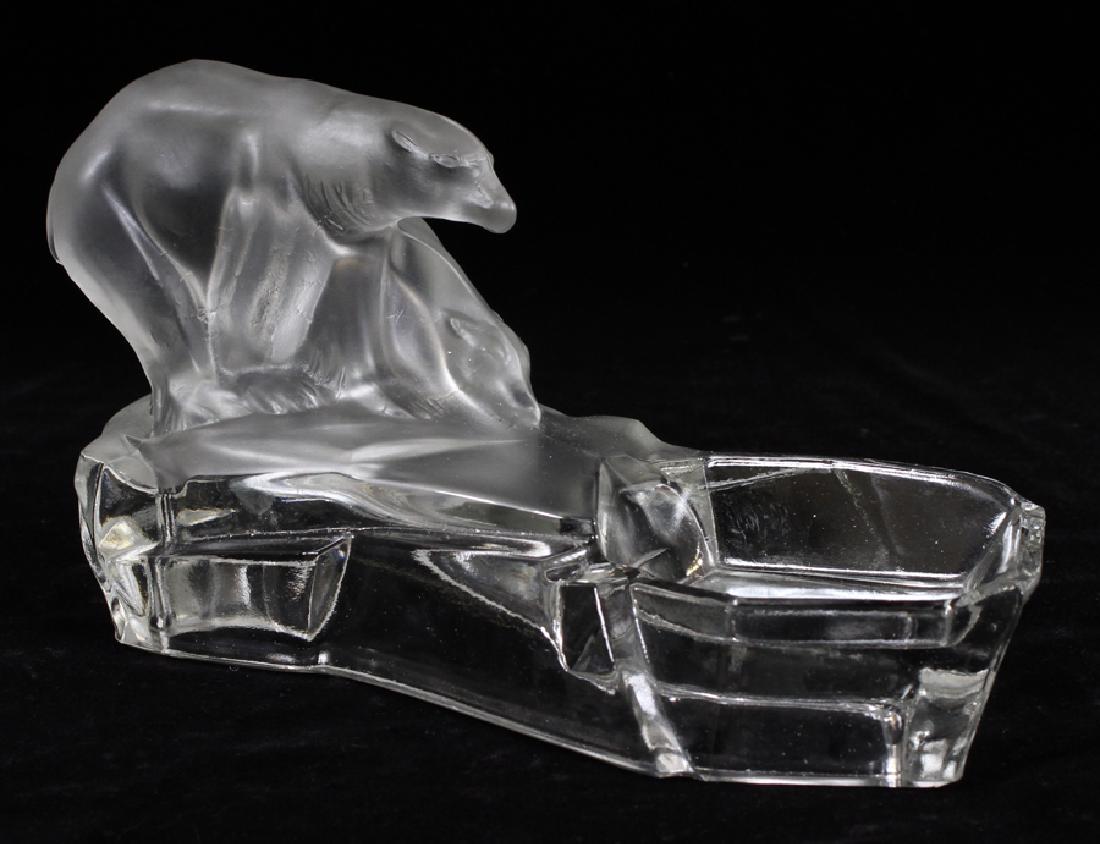 LALIQUE CRYSTAL SCULPTURE/DISH: LALIQUE, CRYSTAL, SCULPTURE/DISH, H 5", W 5", L 10", POLAR BEAR :Depicts a polar bear with a frosted finish standing above an attached small dish in clear finish. Signed on the underside "Lalique" and