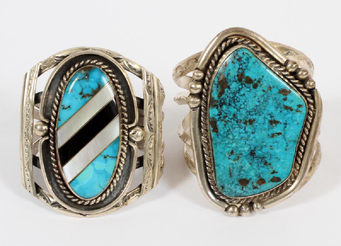 NAVAJO SILVER AND TURQUOISE CUFF BRACELETS, TWO (1 of 3)