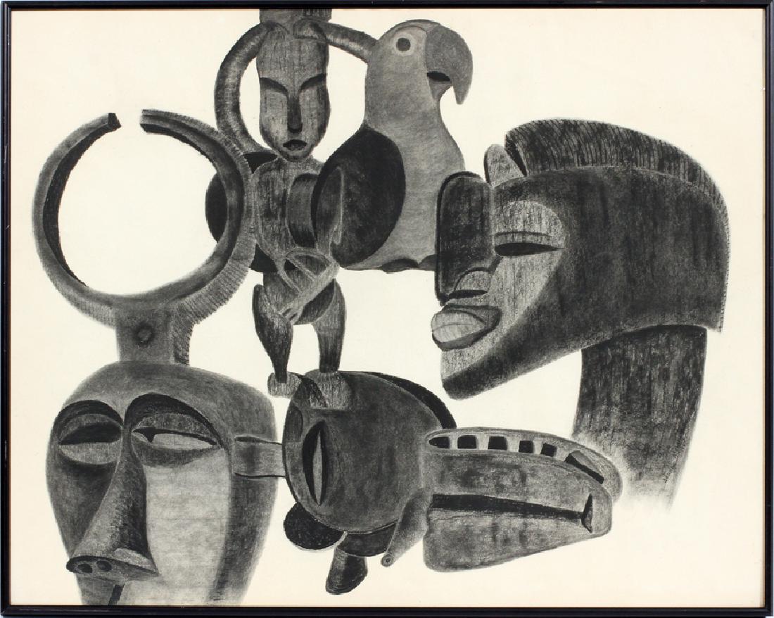 J. MELDRUM, PRINT ON PAPER, C. 1967 AFRICAN MASKS (1 of 2)
