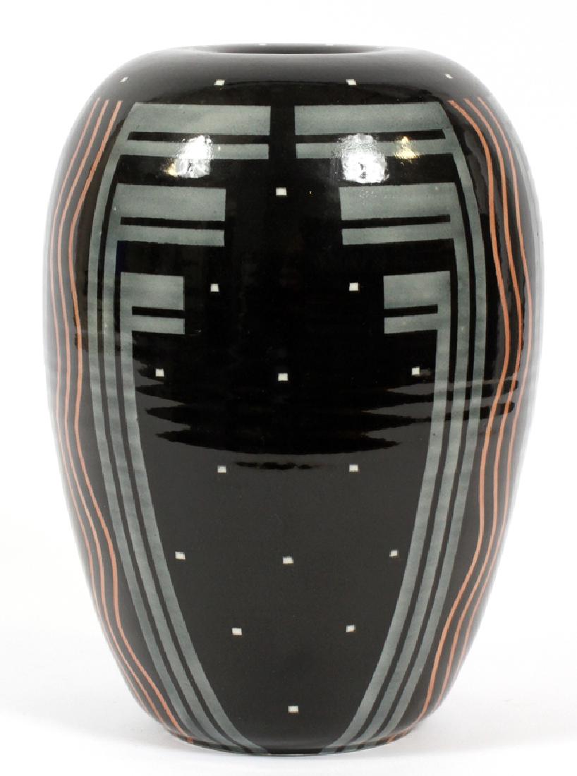 MICHAEL DUVALL, HAND THROWN ART POTTERY VASE: MICHAEL DUVALL, HAND THROWN ART POTTERY VASE, H 10 1/2" :With note of purchase in 1981. Black ground.