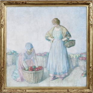 MYRON BARLOW OIL ON CANVAS: MYRON BARLOW (AMERICAN, 1873â€“1937), OIL ON CANVAS, H 40", W 40", TWO LADIES WITH BASKETS OF APPLES :Signed lower right; gilt frame