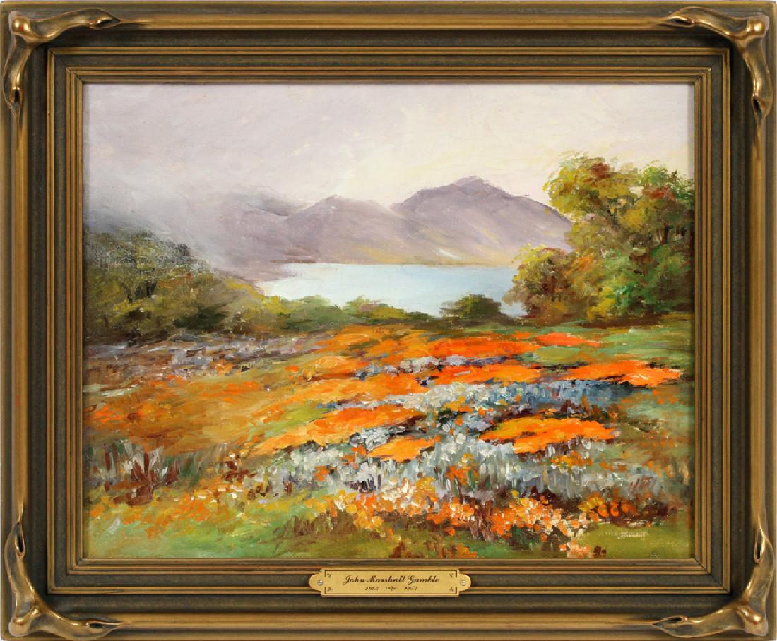 JOHN MARSHALL GAMBLE OIL ON CANVAS: JOHN MARSHALL GAMBLE (USA, 1863-1957), OIL ON CANVAS BOARD, H 8 1/2", L 11 1/2":Landscape with flowers and mountains. In gilt gesso period frame. Unsigned.