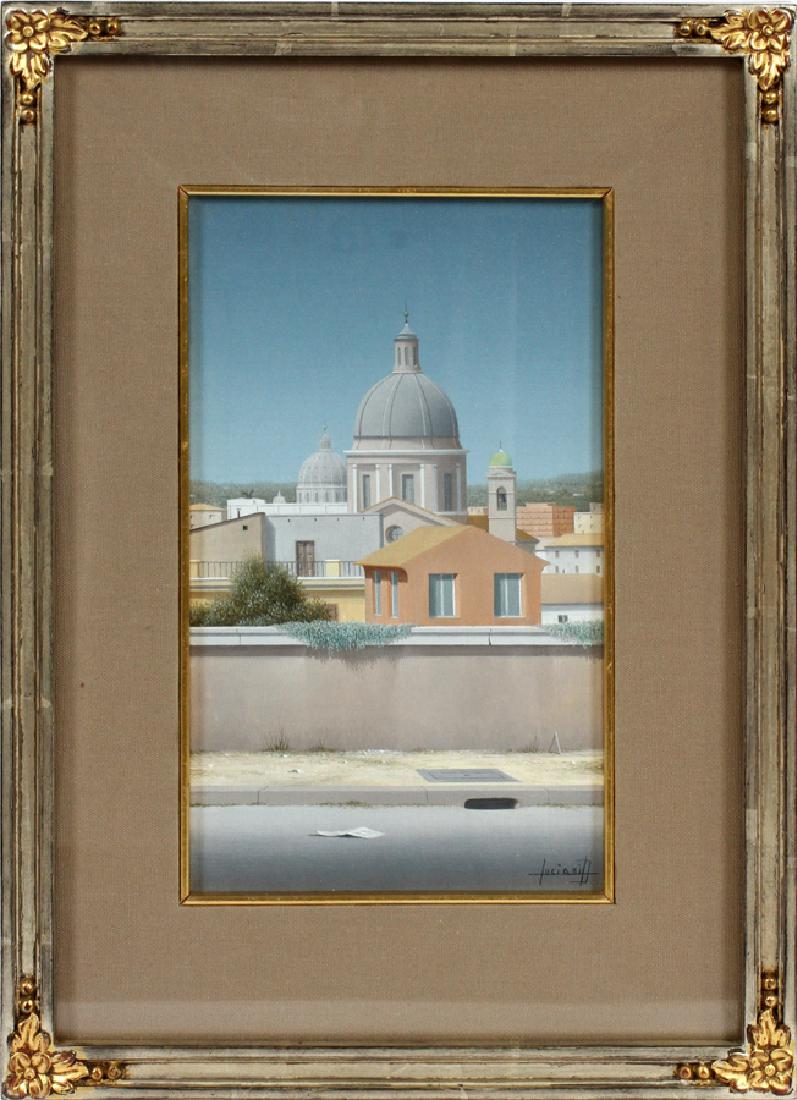 DOMENICO LUCIANI OIL ON CANVAS ON BOARD: DOMENICO LUCIANI (1929-2001), OIL ON CANVAS ON BOARD, H 9 5/8", W 5 3/4", "LE CUPOLA" :Framed size H 15" W 11"; Signed lower right; Galleria D'Arte, Rome label.