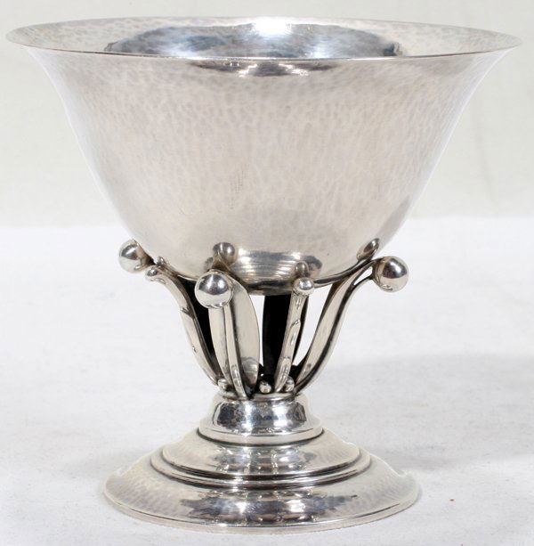 GEORG JENSEN STERLING COMPOTE BY JOHAN ROHDE: GEORG JENSEN STERLING SILVER COMPOTE BY JOHAN ROHDE, C. 1925-1932, H 4", DIA 4 1/2":Circular hammered bowl with tapering sides, raised on openwork standard comprising stylized leaves and berries, on a