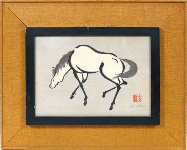 URISHIBARA WOODCUT, 'HORSES IN ACTION': URISHIBARA, WOODCUT, 'HORSES IN ACTION', MID 20TH CENTURY, 9 3/8" X 13 1/8" IMAGE SIZE:View of a horse, red block stamp and pencil signature lower right, under glass bordered by a black frame and line