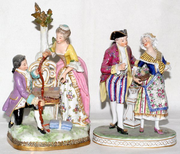 GERMAN PORCELAIN FIGURE GROUPS, H7.5" & 8.8": GERMAN PORCELAIN FIGURE GROUPS, LATE 19TH-EARLY 20TH CENTURY, TWO, H 7 1/2" & 8 3/4":Including 1 group with an 18th century style gentleman and lady, early 20th century, H.7 1/2", W.5 1/2"; and 1 grou