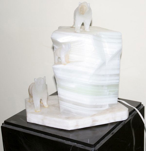ONYX SCULPTURE, POLAR BEARS ON ICE, H13": ONYX SCULPTURE, POLAR BEARS ON ICE, H 13":On black pedestal base, total height 31".