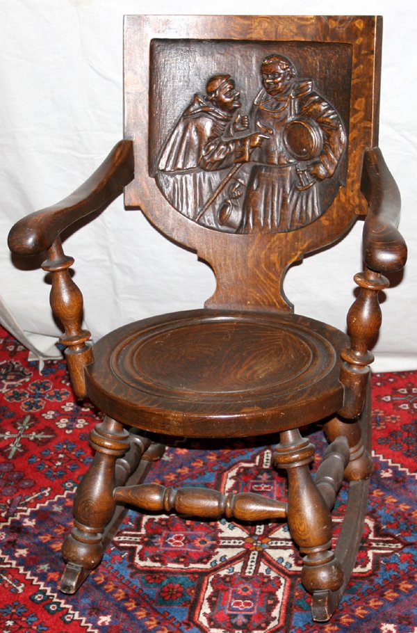 062293 GERMAN BLACK FOREST CARVED OAK ROCKING CHAIR Jun 17, 2007 DuMouchelles in MI