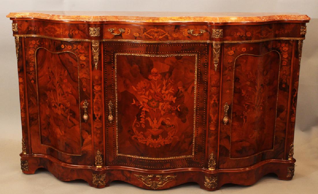 HYDE PARK MARQUETRY INLAY CONSOLE CABINET: HYDE PARK, MARQUETRY INLAY, GRANITE TOP AND BRONZE ORMOLU, CONSOLE CABINET, H 44", W 75", D 17" :Having a contoured caramel colored granite top above a contoured facade with three cabinets doors all h