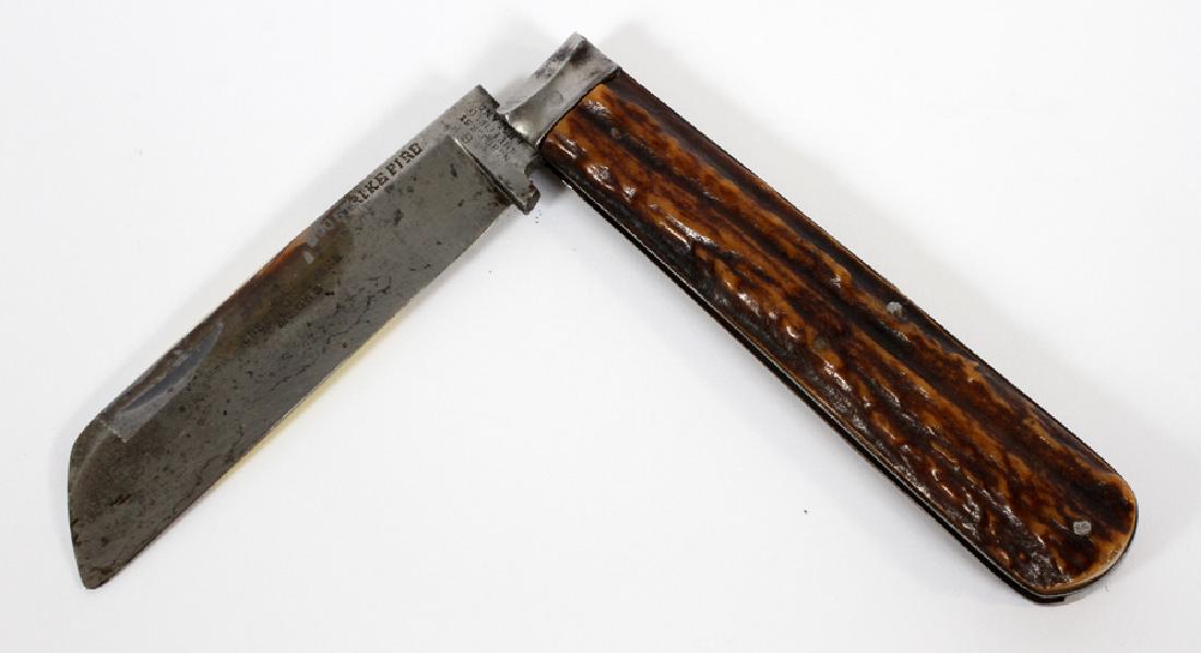JOSEPH ROGERS & SONS, ELK HORN JACK-KNIFE BLADE: JOSEPH ROGERS & SONS, ELK HORN JACK-KNIFE BLADE SIZE; 5" :Hall marked Joseph Rogers & Sons, Sheffield England, 6th Norfolk Street. Has some stains on the 'Hall marked' blade. Over-all size; Length 10 
