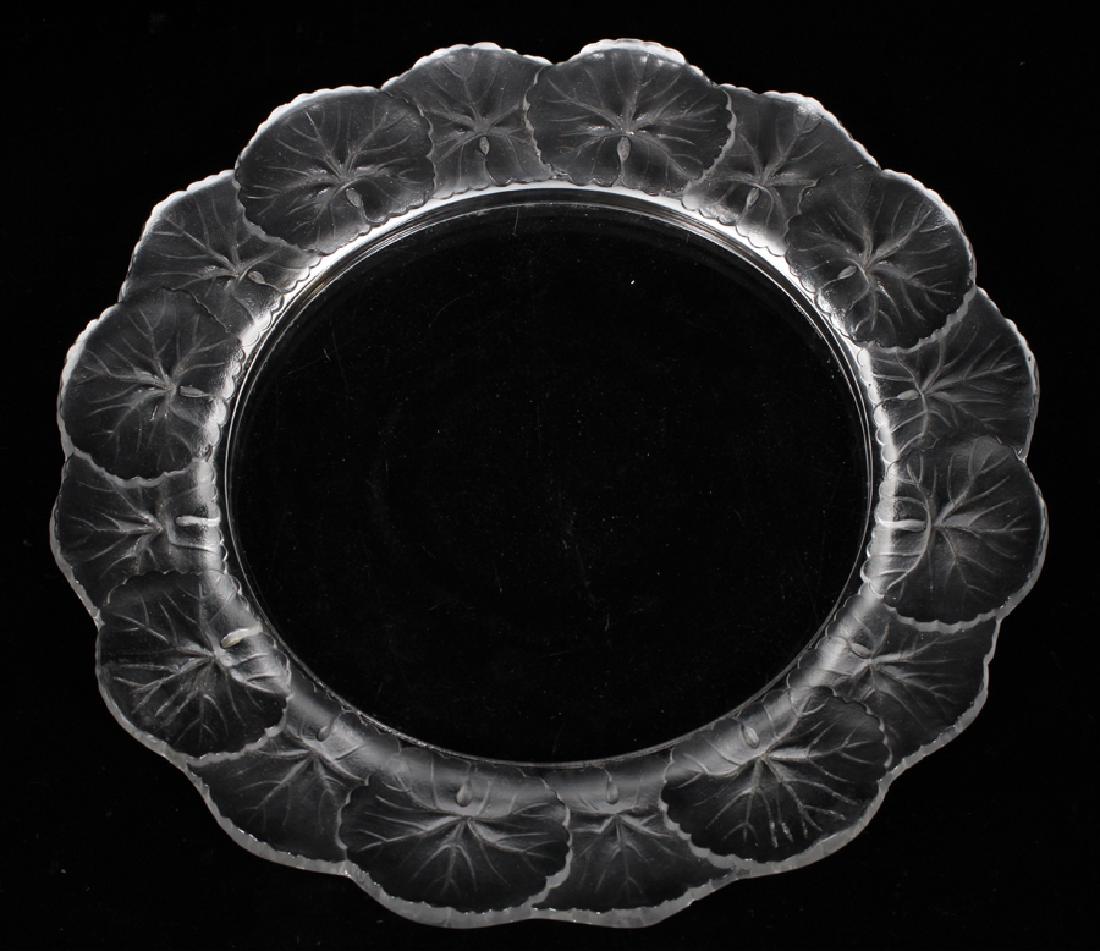 LALIQUE 'HONFLEUR' DEEP CRYSTAL PLATE: LALIQUE, 'HONFLEUR', DEEP CRYSTAL PLATE, SIGNED, DIA 10 1/2" :Lalique, 'Honfleur' deep crystal plate having a floral border. Design #10400. Signed in script: "Lalique, France"