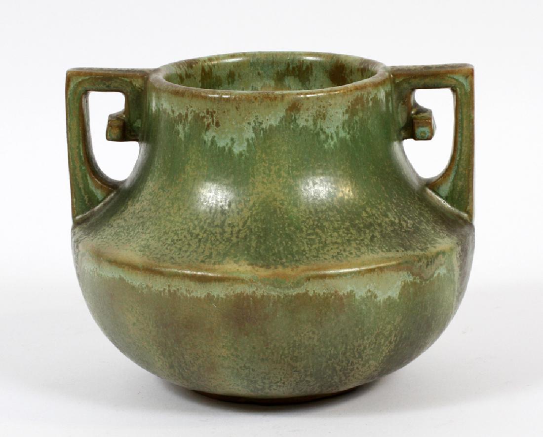 FULPER ART DECO, POTTERY VASE, H 5", DIA 6": FULPER ART DECO, POTTERY VASE, H 5", DIA 6":Having an olive green ground with a drip design. Marked: "Fulper" on the underside.