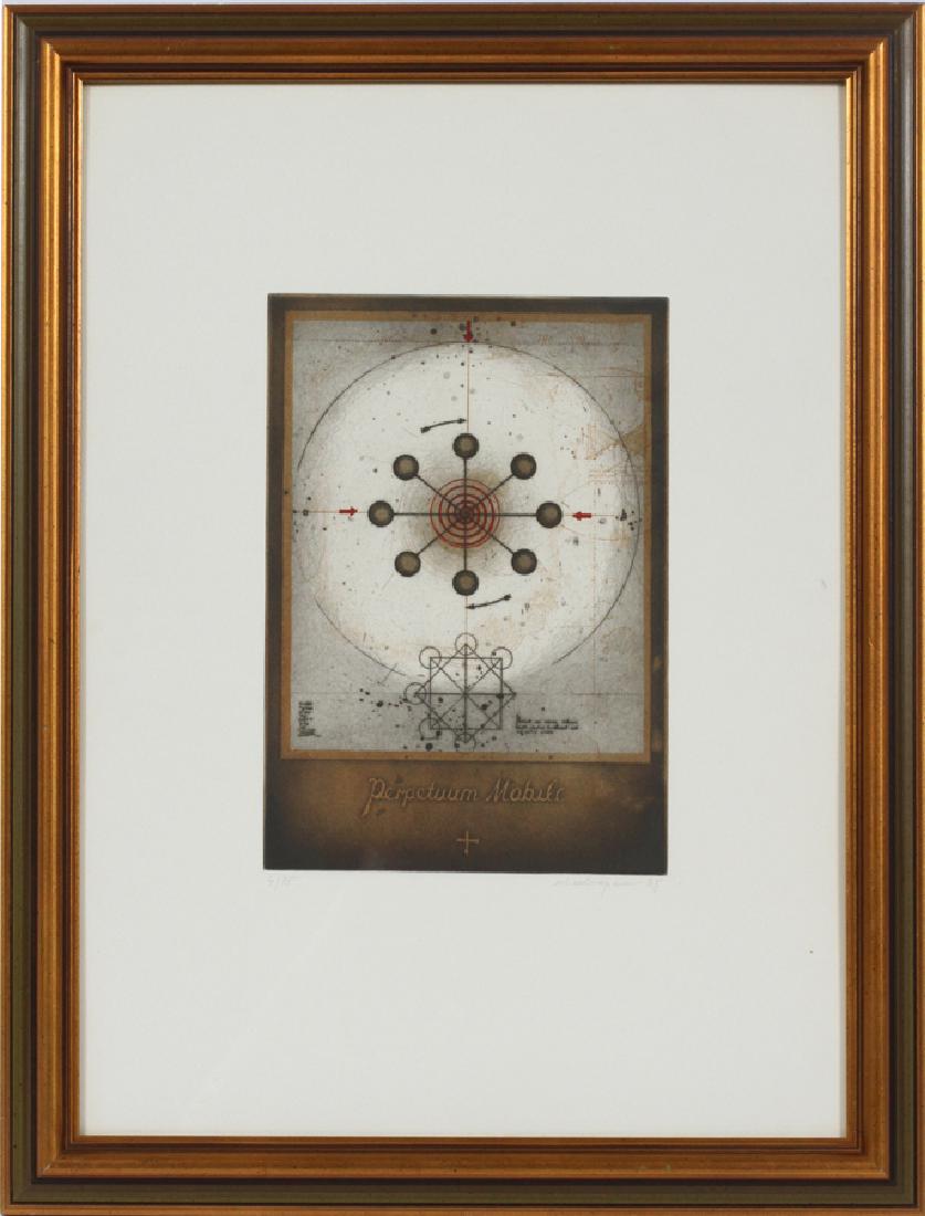 FRIEDRICH MECKSEPER AQUATINT ETCHING ON PAPER: FRIEDRICH MECKSEPER (GERMAN 1936-) AQUATINT ETCHING ON PAPER, 1966, H 11", L 7 1/2", "PERPETUUM MOBILE" :An aquatint etching titled "Perpetuum Mobile" by Friedrich Meckseper. Signature and edition num