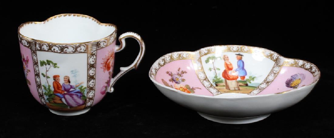 AUGUSTUS REX MEISSEN PORCELAIN CUP AND SAUCER: AUGUSTUS REX, MEISSEN PORCELAIN CUP AND SAUCER 19TH.C. :panel design, hand painted.