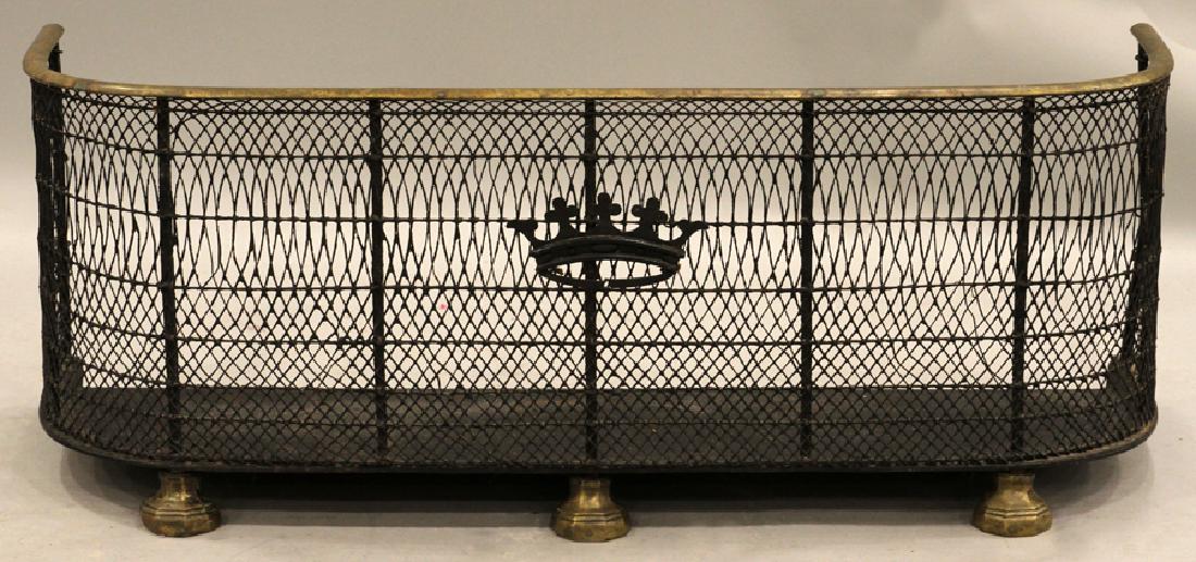 BRASS AND IRON FIREPLACE FENDER CIRCA 1800: BRASS AND IRON FIREPLACE FENDER CIRCA 1800 H 13" W 33" :Depth 10". Brass feet and rail. Curved sides.