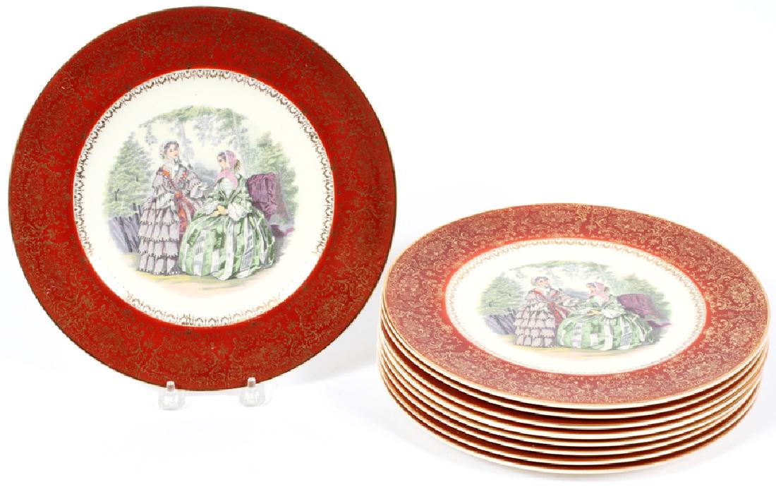 SALEM GODEY "FASHION" SERVICE PLATES, 9: SALEM GODEY "FASHION" SERVICE PLATES, 9, DIA 10 1/2" :With a red border. 23 carat gold edge. From the Estate of Margaret Barton, Bloomfield Hills, Michigan.
