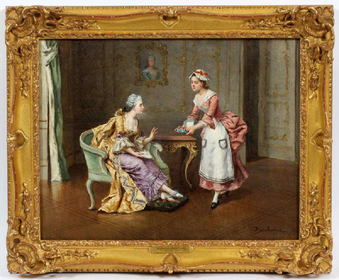 LADISLAUS BAKALOWICZ OIL ON CANVAS THE NECKLACE: LADISLAUS BAKALOWICZ [POLISH, 1833-1904] OIL ON CANVAS, H 14", W 18", THE NECKLACE :Depicting a servant presenting a necklace to a seated woman. Signed lower right. Framed size H 18", W 22".