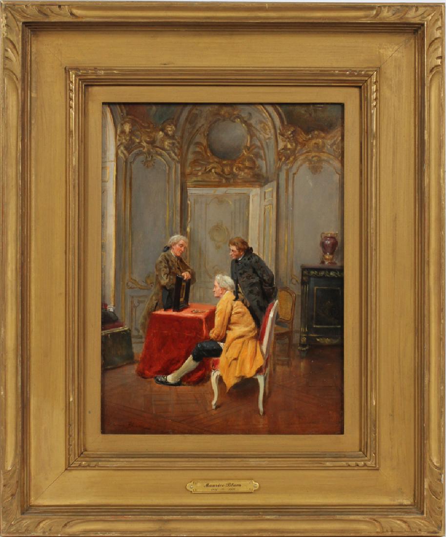 MAURICE BLUM OIL ON MAHOGANY PANEL: MAURICE BLUM [FRENCH, 1832-1909] OIL ON MAHOGANY PANEL, H 14.25", W 10.5", THE ART CONNIOSSEUR :Depicting three gentlemen, in a parlor, viewing a painting. Signed lower left. Framed size H 22.25", W 1