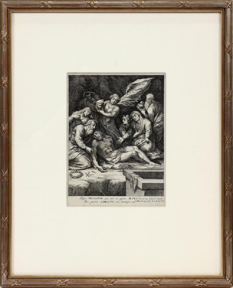 JACOB MATHAM ENGRAVING "DESCENT FROM THE CROSS": JACOB MATHAM (DUTCH 1571-1631), ENGRAVING, PLATE SIZE: H 8 1/2", W 6 3/4", "DESCENT FROM THE CROSS" :Date that this impression was pulled is unknown; appears to be on laid paper; extent of margins is